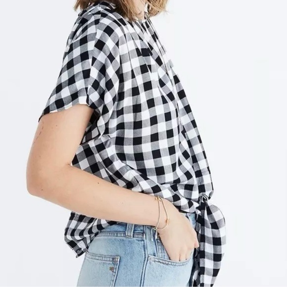 NWT Madewell Women’s Medium Black White Buffalo Check Short Sleeve Top Tie Front - Picture 3 of 8